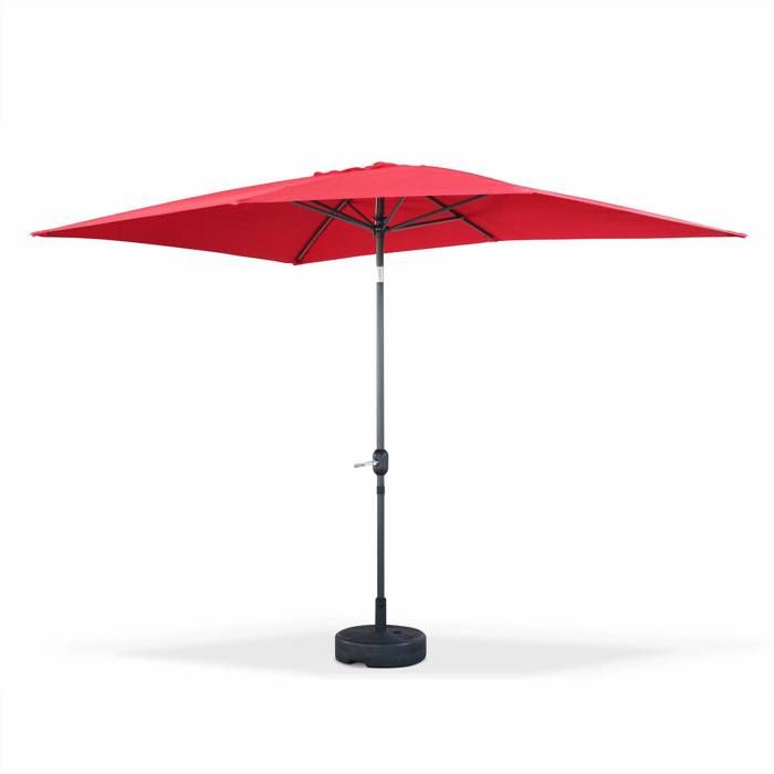 Parasol droit Touquet rectangulaire 2x3m Rouge, mât central aluminium orientable et manivelle d'ouverture