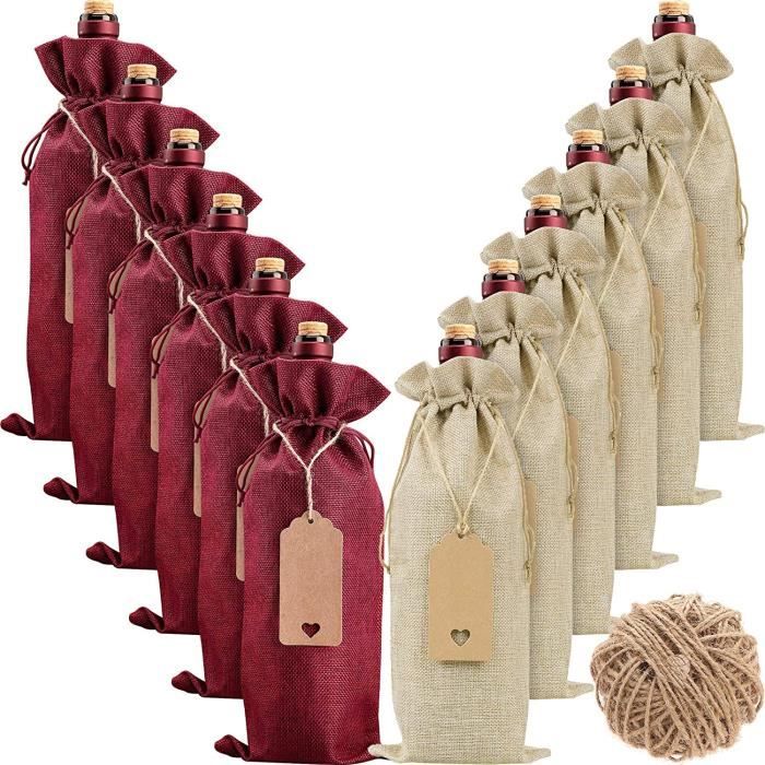 Sacs en Toile de Jute pour Le Vin,12 pièces Sacs Réutilisables pour Bouteilles de Vin Avec Cordons et Etiquettes Cadeau de Noël