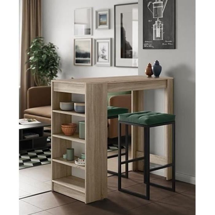 Table Haute de Bar Mange-debout Cuisine avec rangements – Décor chêne