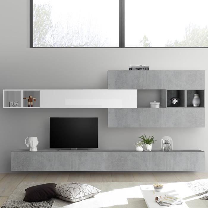 Composition murale TV gris béton et blanc laqué BOLCA Gris L 280 x P 30 x H 180 cm