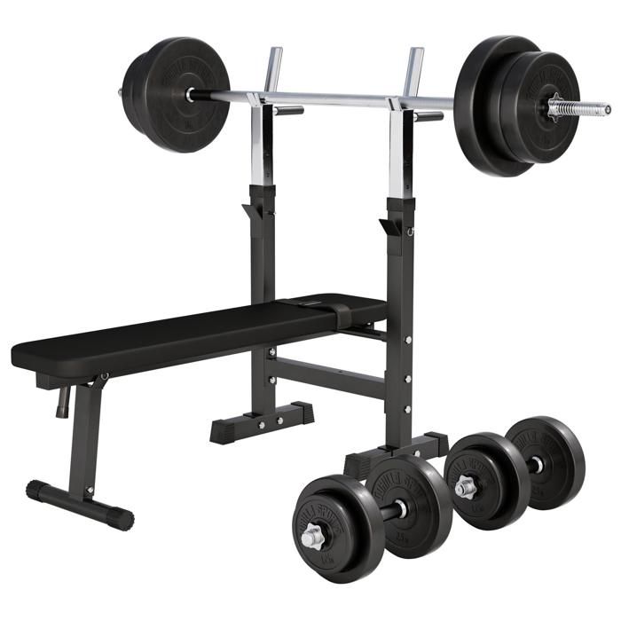 Banc de musculation GS006 + Set d'haltères disques en plastiques et barres 70KG
