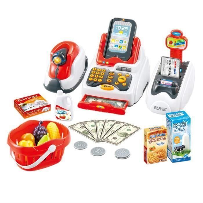 1PCS Kit de supermarché avec Une Caisse enregistreuse avec , de l’Argent et des Accessoires d’épicerie – Jeu de rôle pour Enfants.
