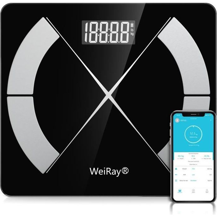 WEIRAY® Pèse Personnes Impédancemètre Balance Pèse-Personne Bluetooth, Ecran Rétroéclairé LED Grand