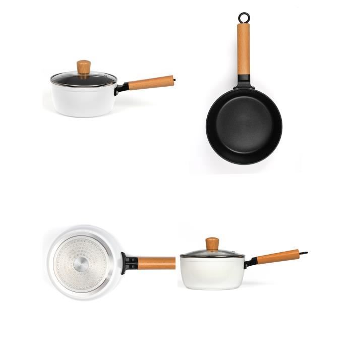 Casserole blanche avec Poignée en bois de hêtre véritable Ø 18 cm tous feux dont induction