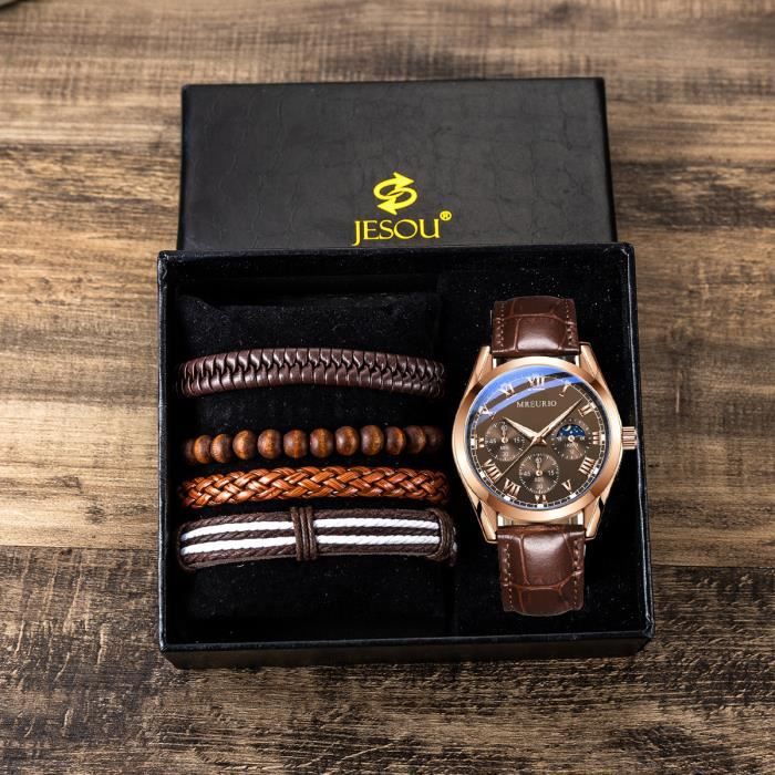 Coffret Montre Homme Bracelet Ceinture Porte-clés Coffret Cadeau Lunettes de Soleil pour Homme Cuir synthétique à Quartz analogique