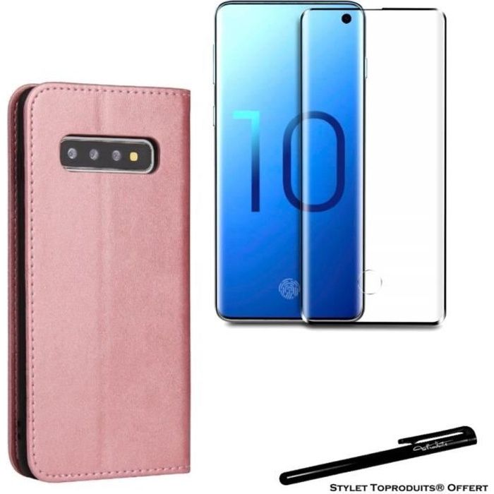 Etui portefeuille Rose pour Samsung Galaxy S10 Plus Housse à fermeture magnétique et Verre trempé 3D bords noirs avec Stylet