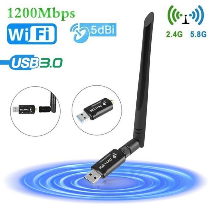Clé WiFi USB 1200Mbps USB WiFi Adaptateur USB 3.0 2.4G/5.8G 802.11 AC Windows XP/Vista/7/8/10, Linx X Mac OS X etc