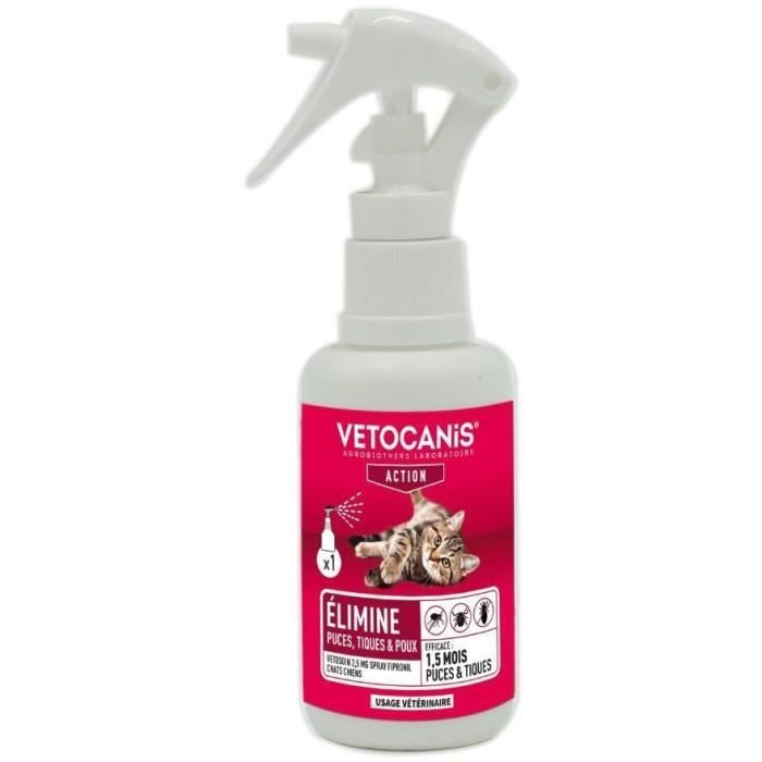 VETOSOIN Spray Action Anti-Puces Anti-Tiques au Fipronil pour Chat