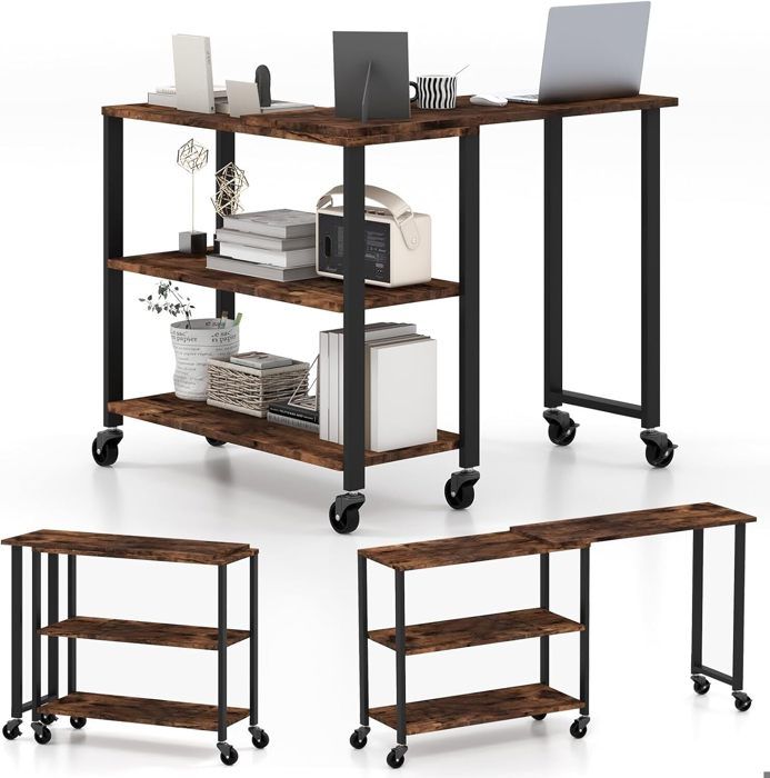 giantex bureau informatique d'angle réversible en forme l à roulettes- 3 étagères de rangement- table d’appoint style industriel