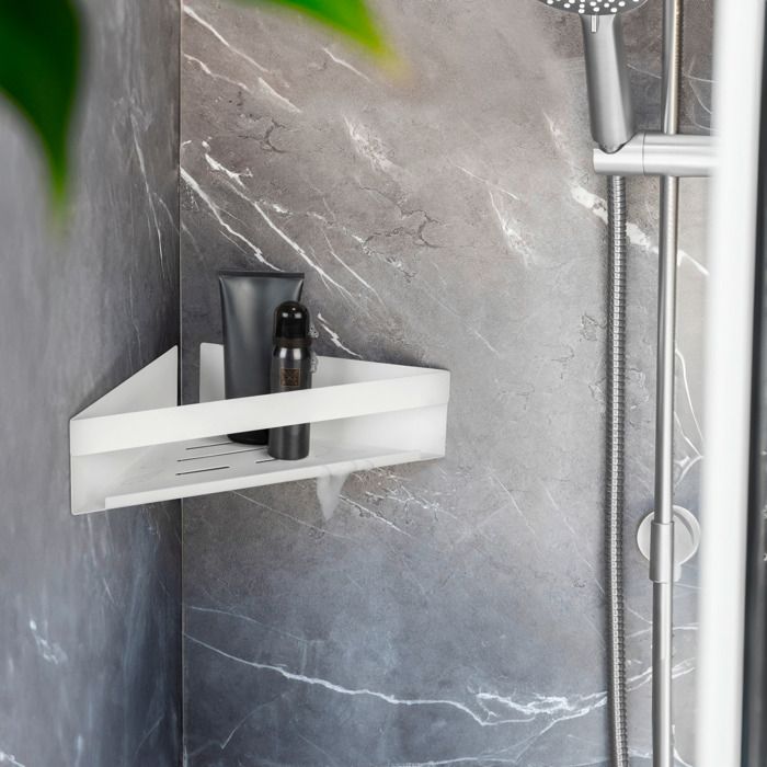 WENKO Étagère Murale de Douche dAngle GENOVA Fixation sans Perçage Rangement Douche Acier Inox Blanc Mat 36x8x17 cm