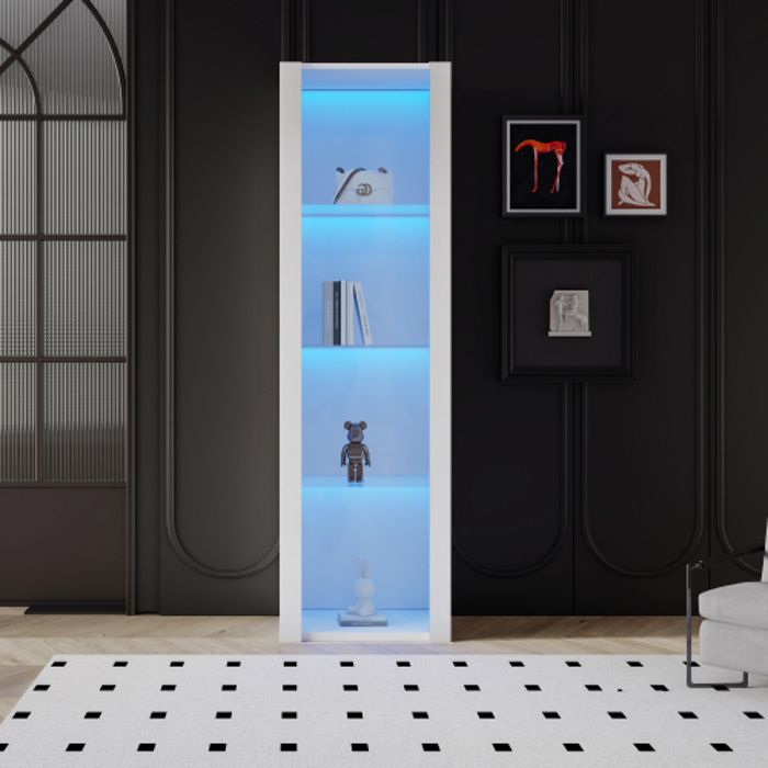 Buffet De Rangement Avec éclairage LED - 120x35x167 Cm, Blanc, étagères Réglables, Portes Coulissantes Verre