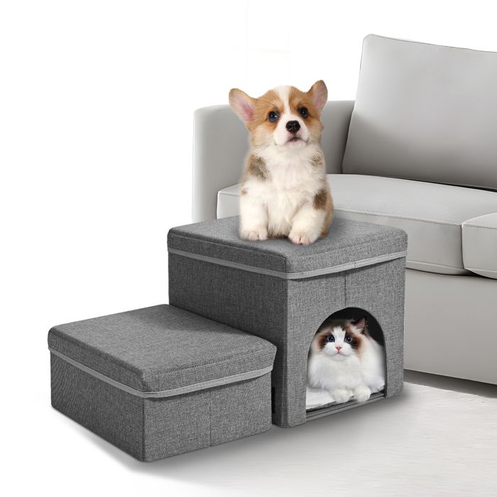 Comparer les prix de Escaliers pour Chien à 2 Marches, Escalier Pliable pour Animaux avec Boîte Rangement Rampe Antidérapante pour Chien pour Lit Haut