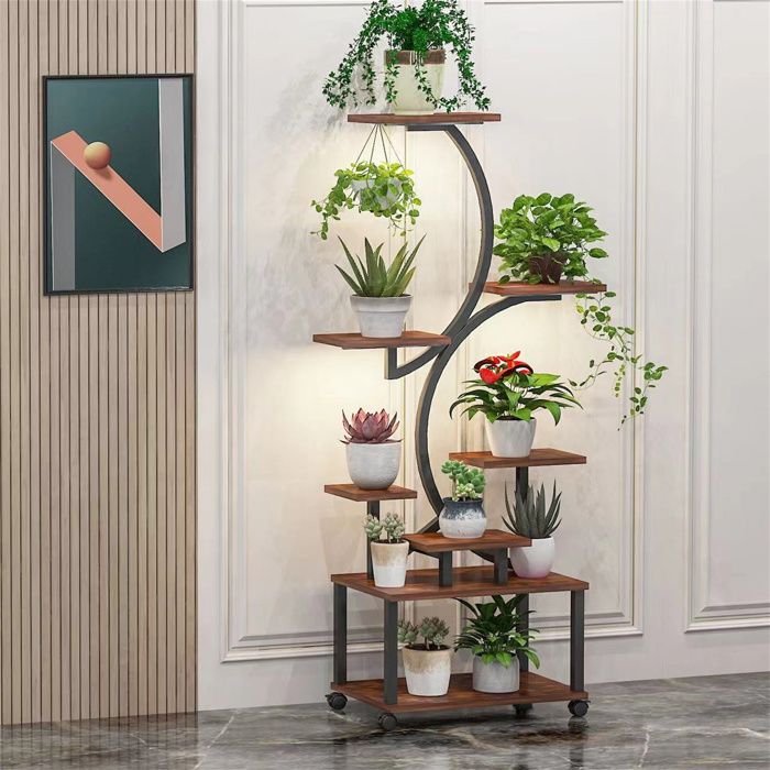Support De Plantes 4 Niveaux Vankarr - Étagère à Fleurs En Métal Et Bois - Pour Intérieur, Balcon Et Jardin - Design Compact Et Robuste