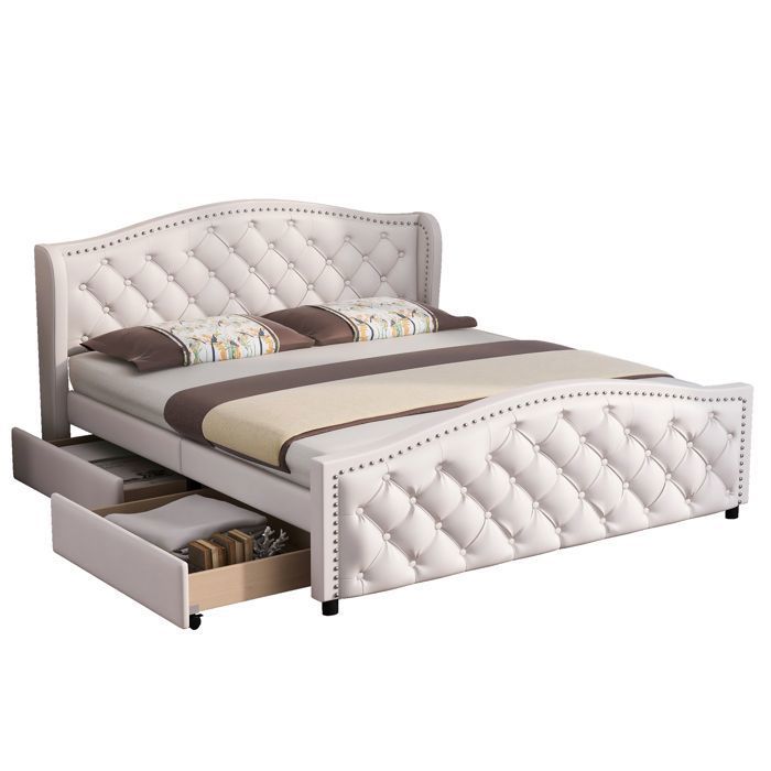 Lit Double Capitonné - VVBV - Style Chesterfield 140x200 cm - Similicuir blanc - Sommier à lattes - 2 tiroirs
