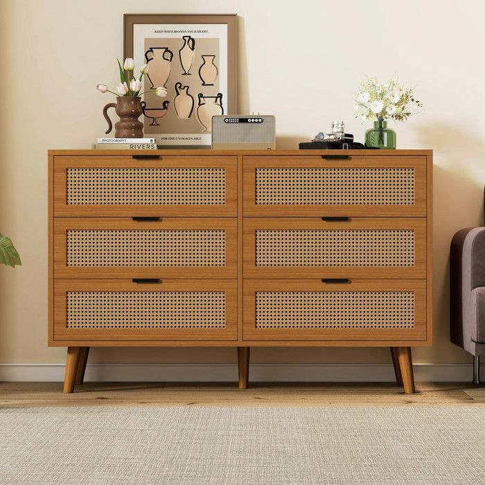 Commode - Noyer - 6 tiroirs - Design rétro - Montage facile