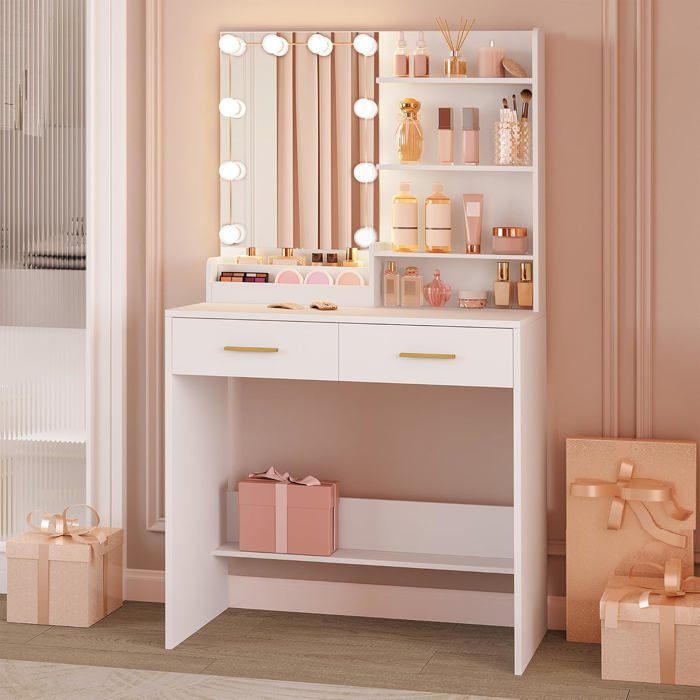 Coiffeuse avec 10 LEDVanité de Maquillage avec 4 Étagères de Rangement Ouvertes et 2 Compartiments Coiffeuse avec 2 Tiroirs Blanc