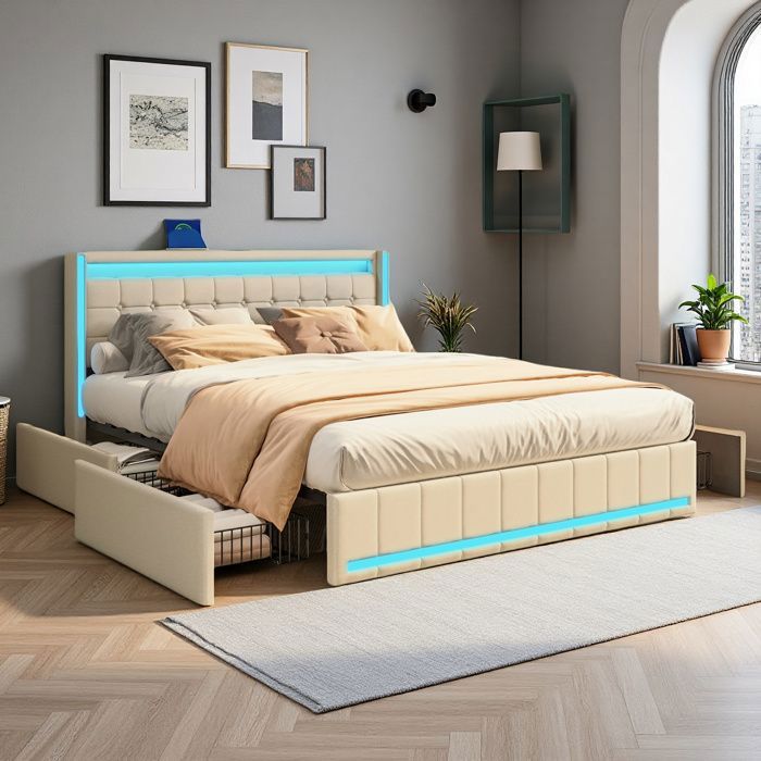 Lit double - Lit 140x190 cm - LED intégrée - Sommier à lattes & 4 tiroirs - USB style scandinave lin