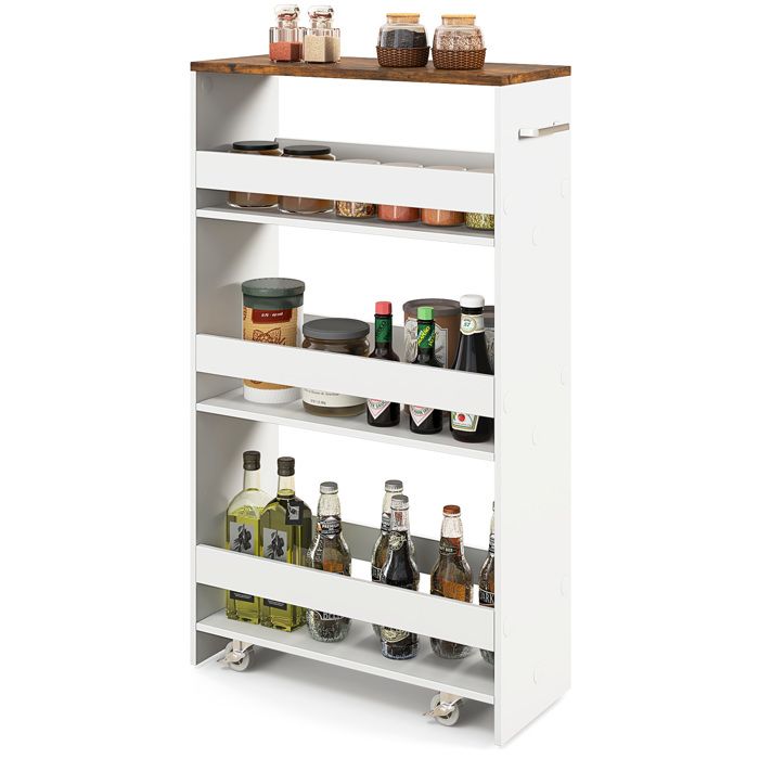 GIANTEX Desserte de Cuisine avec Roulettes à 4 Niveaux Chariot de Service Étroit avec Poignée 475 x 20 x 805 cm Blanc+Marron