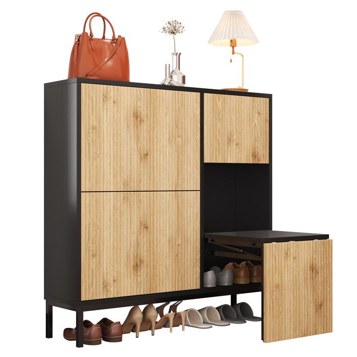 Armoire à chaussures 100x25x100 cm avec trois volets Meuble a chaussures avec tabouret Meuble entree en noir