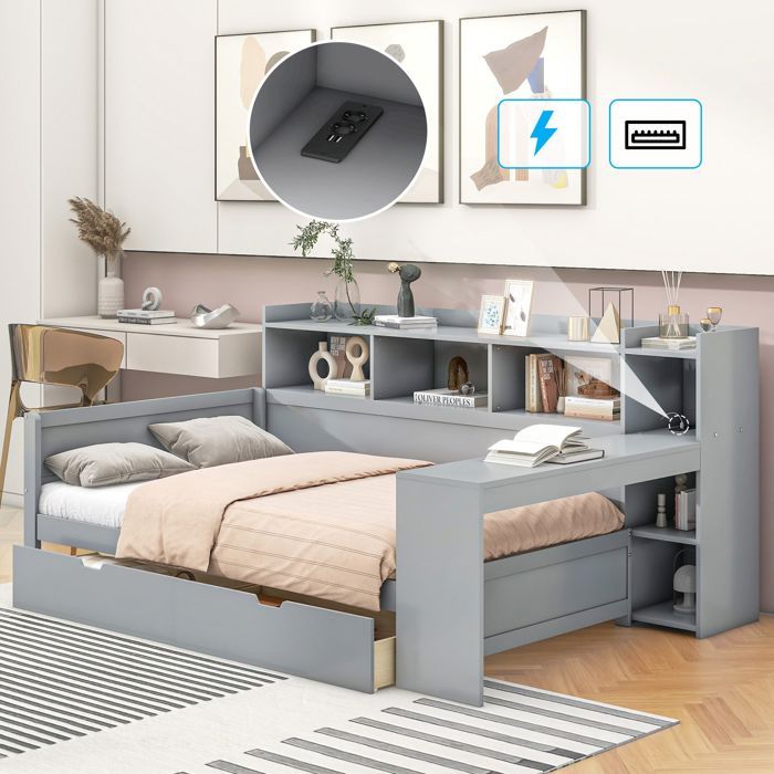 Canapé-lit convertible - SOGEU - 90x200 cm - Gris - Rangement intégré & 2 tiroirs - Port USB