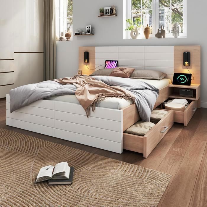 Lit double 160 x 200 cm lit rembourré avec port USB lumière LED tiroirs table de chevet sommier à lattes - Blanc