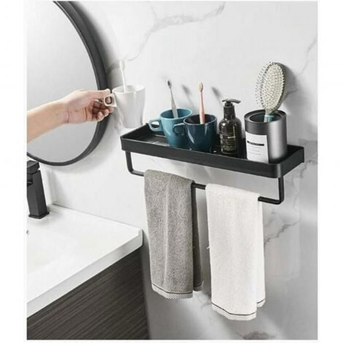 Porte serviettes étagère carrée avec serviettes et rail de montage mural pour la cuisine à domicile chambre à coucher noir 40cm