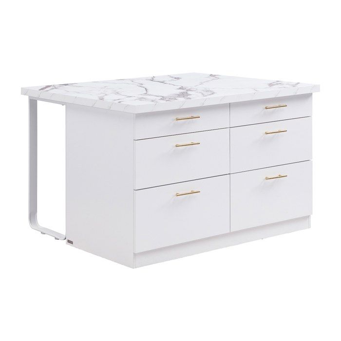 Ilot central de cuisine avec 6 tiroirs en MDF et métal - Effet marbre blanc - ALEGRITA