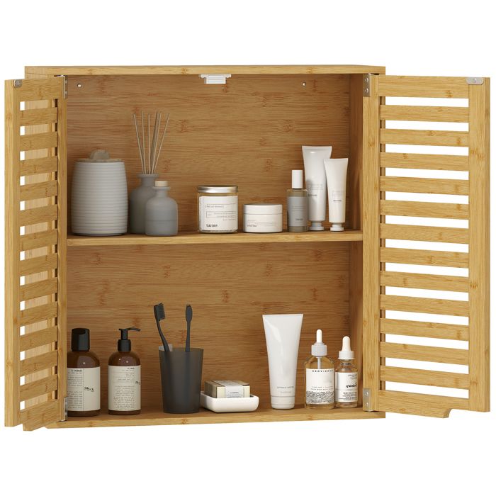 Armoire murale de salle de bain - HOMCOM - 2 compartiments et étagère réglable - en bambou - 60 x 20 x 60 cm - effet bois naturel