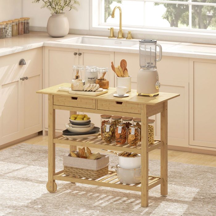 Desserte de cuisine à roulettes en bambou chariot de cuisine avec 2 tiroirs 2 étagères 100 x 43 x 75 cm bois naturel