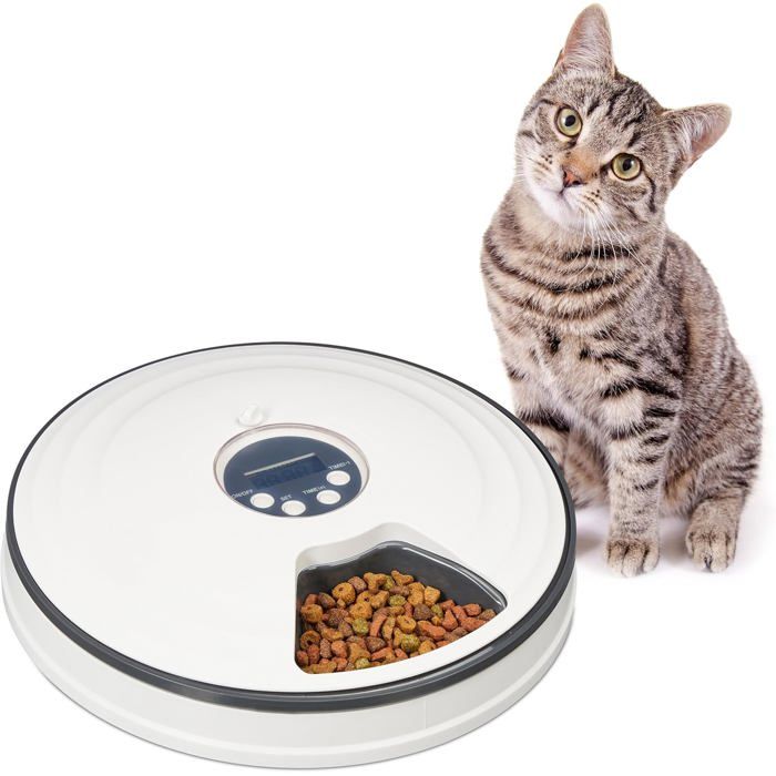 Distributeur Automatique pour Chat Jusqu’à 6 portions HxD : 55x305 cm gamelle programmable Blanc - Gris