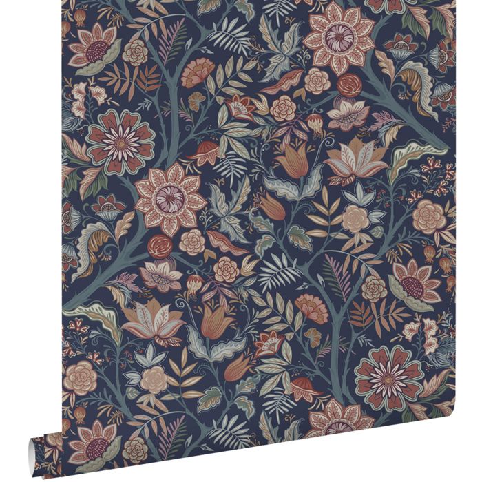 Papier peint fleurs vintage bleu foncé et marron terracotta - 53 cm x 10.05 m - ESTAhome