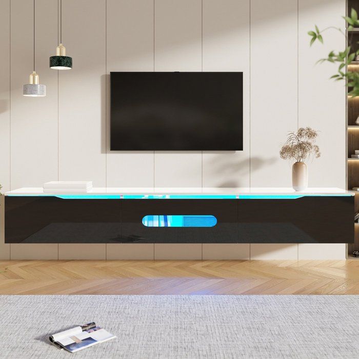 Meuble TV mural 180 cm noir et blanc finition laquée brillante éclairage LED multicolore