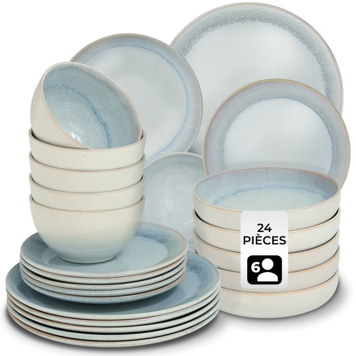 Service - TECTAKE - Set de vaisselle MARE 24 pièces en faïence émaillée 6 personnes fait main compatible lave-vaisselle - Gris