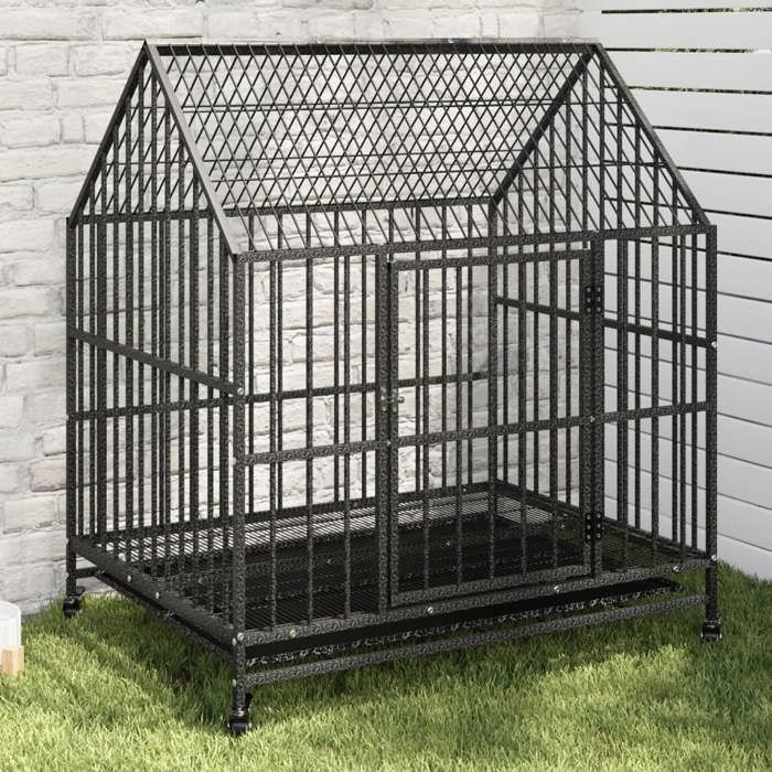 Comparer les prix de Cage pour chien avec roues - vidaXL - Acier galvanisé - 100x77x115 cm - Noir - Portes avec loquets - Quatre roues