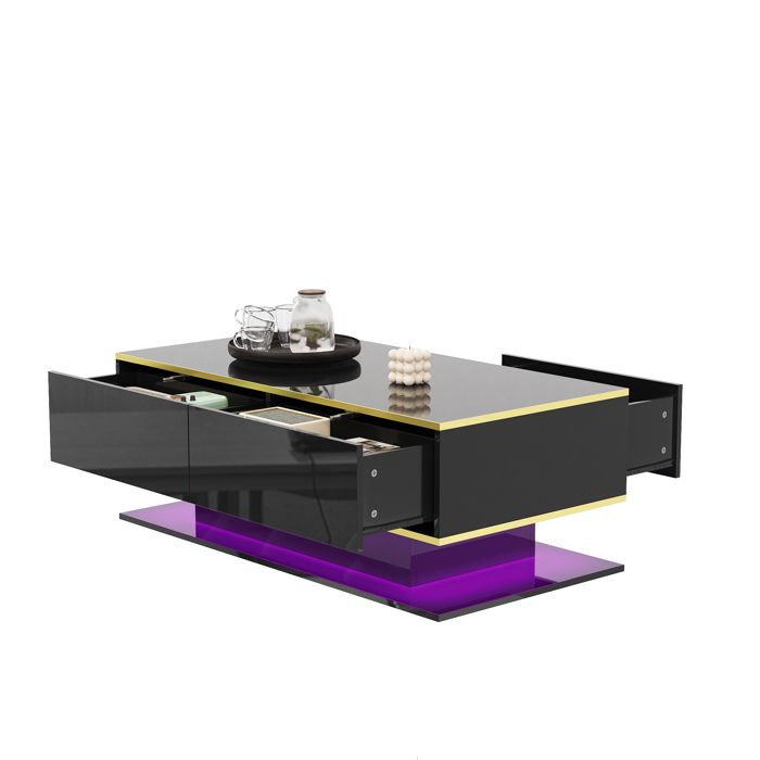 Table basse moderne LED - RNCYN - 100x50x40 cm - Noir - Brillance élevée - 3 tiroirs - Bande LED USB - Rayures dorées