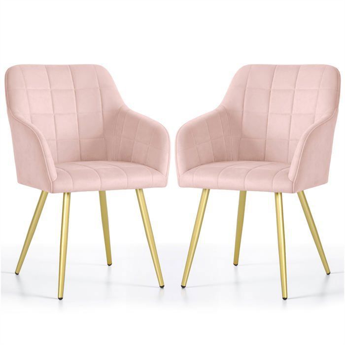 Lot de 2 Chaises rembourrées à surpiqûres carrées LUXANO Rose Poudré pieds dorés