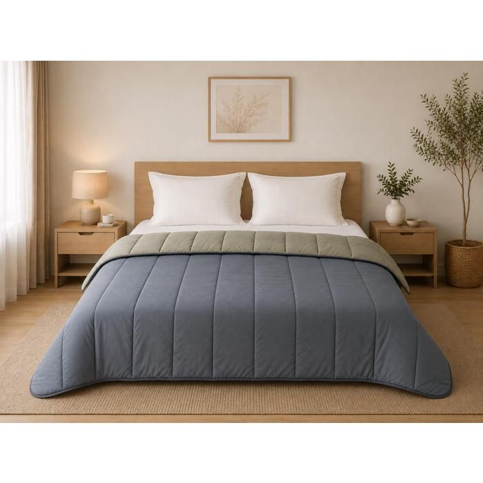Couette légère - MORTREUX - Bicolore Gris/Lin - 220x240 cm - Spécial été - Lavable à 40°
