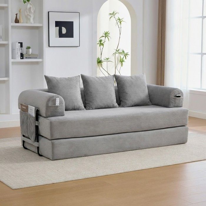 Canapé modulable - VVBV - Modulable - Velours côtelé gris clair - Cadre métal - 3 coussins & poche latérale