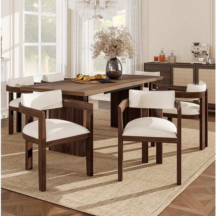 Lot de 6 chaises avec accoudoirs en bois . tissu lin respirant. style moderne. couleur noyer