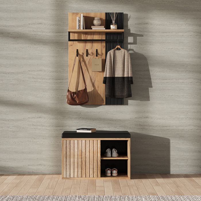 Banc à chaussures avec armoire - Naturel+Noir - L70/P36/H146 cm - Panneau de particules - 3 crochets - Banc rembourré