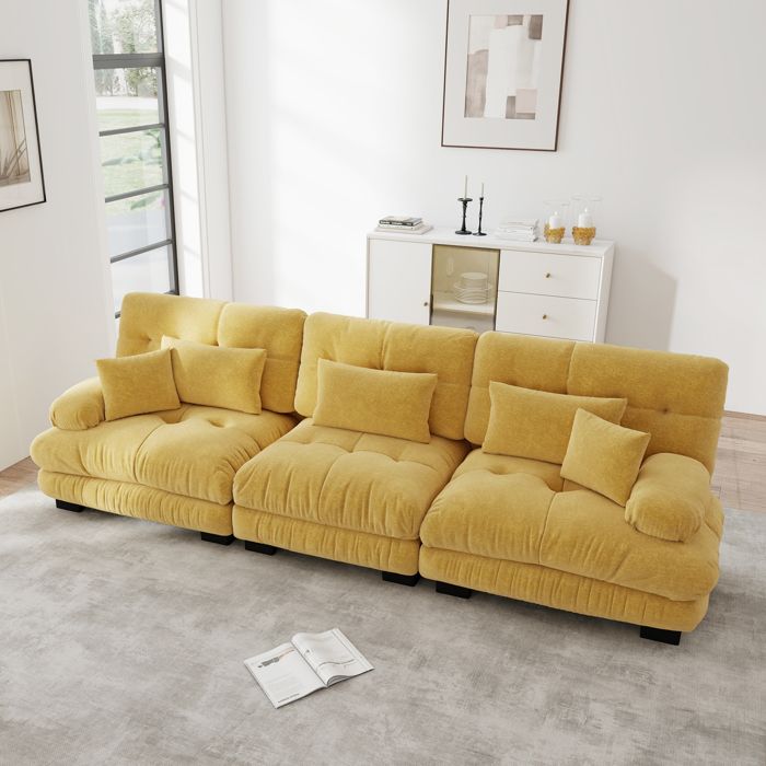 Canapé 3 Places en Chenille confortable 313 × 77 × 81 cm Canapé modulable sectionnel Cloud cadre en bois massif jaune