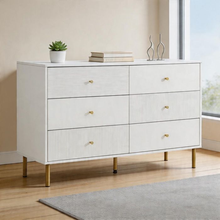Commode - 6 tiroirs - MDF blanc - Poignées alliage zinc - Pieds acier 120 x 40 x 78 cm