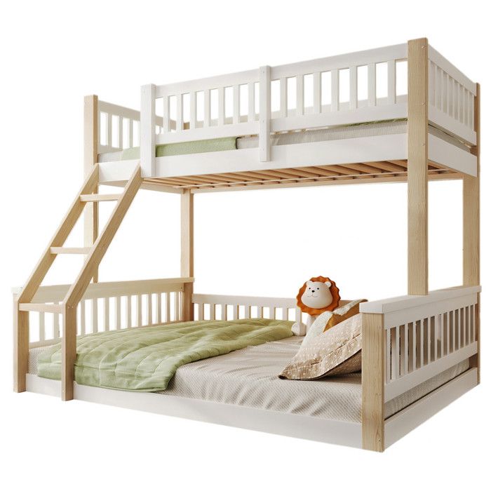 Lit superposé bois de pin90x200cm et 140x200cmavec échelle et barrière de litSans matelasavec sommier à lattesblanc + nature