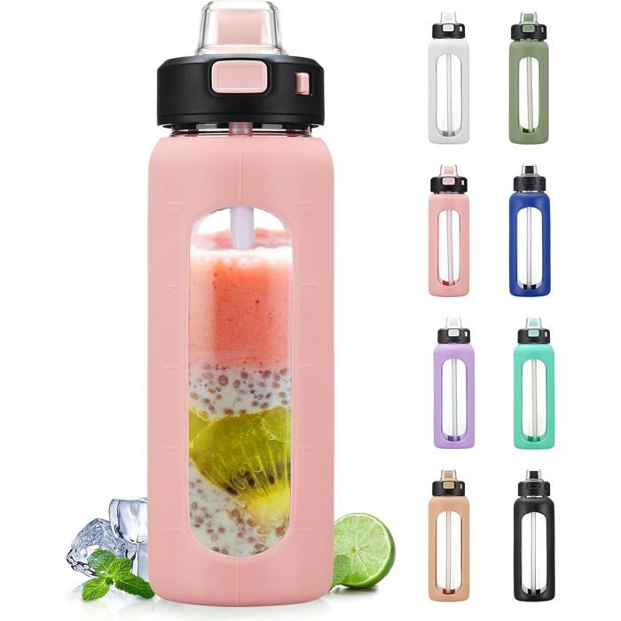 700ML Bouteille deau en Verre avec Poignée et Paille Bouteille dhydratation avec Manchon en Silicone et Marquage du Temps Gourde