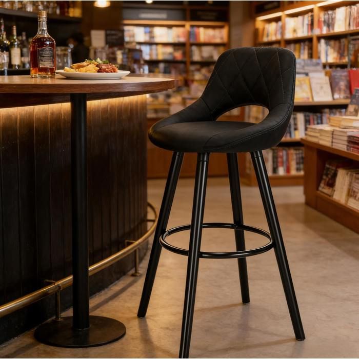 Tabouret de bar avec dossier et patins antidérapants - TCQPZ - en tissu et bois noir intérieur 100 kg Tabouret de bar avec dossier et patins antidérapants - TCQPZ - en tissu et bois noir intérieur 100 kg