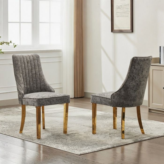 Lot de 2 Chaises de Salle à Manger - BELLEMAVE - Tissu Chenille - Pieds Métalliques Plaqués Or - Design à Cannelures - Gris