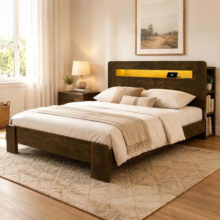 Structure de lit 140 x 200 - YEHTOKHOME - Lit double bois massif - Tête de lit rangement - LED intégrée - Prise USB