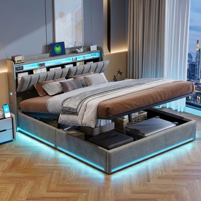 Lit 140 x 190 cm avec sommier LED et USB Lit coffre 140x190 avec tête de lit rembourrée Lit LED et chargement Velours Gris