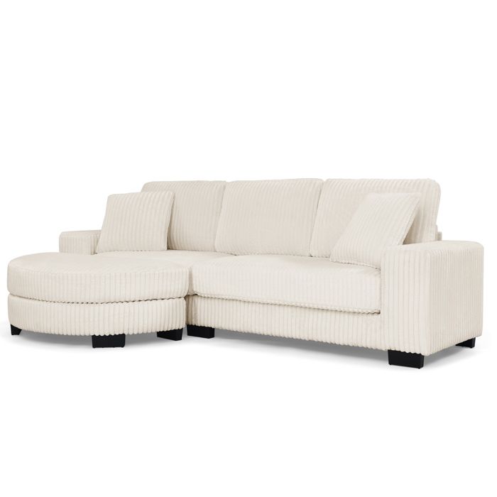 Canapé dangle en L 4 places velours côtelé 2565 x 1335 x 89 cm pouf ovale 2 coussins beige