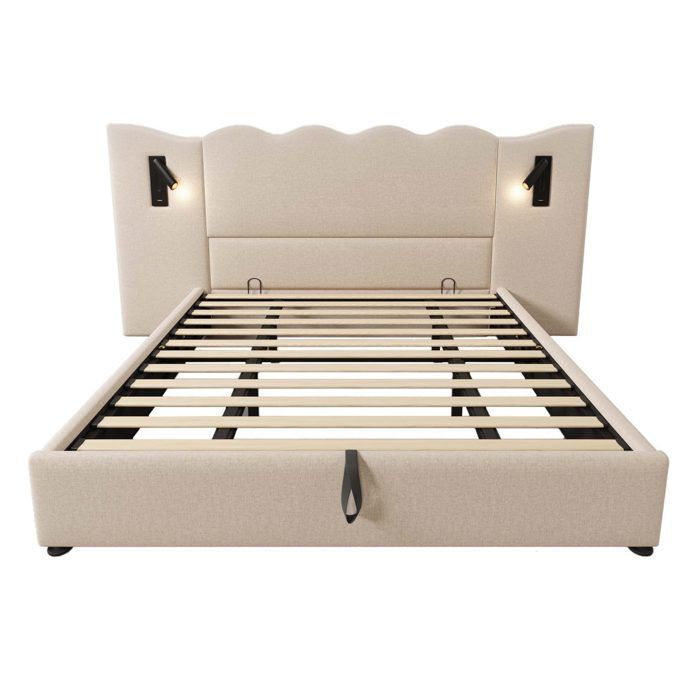 Lit coffre double 180 x 200 cm beige avec liseuses orientables USB/USB-C et sommier à lattes
